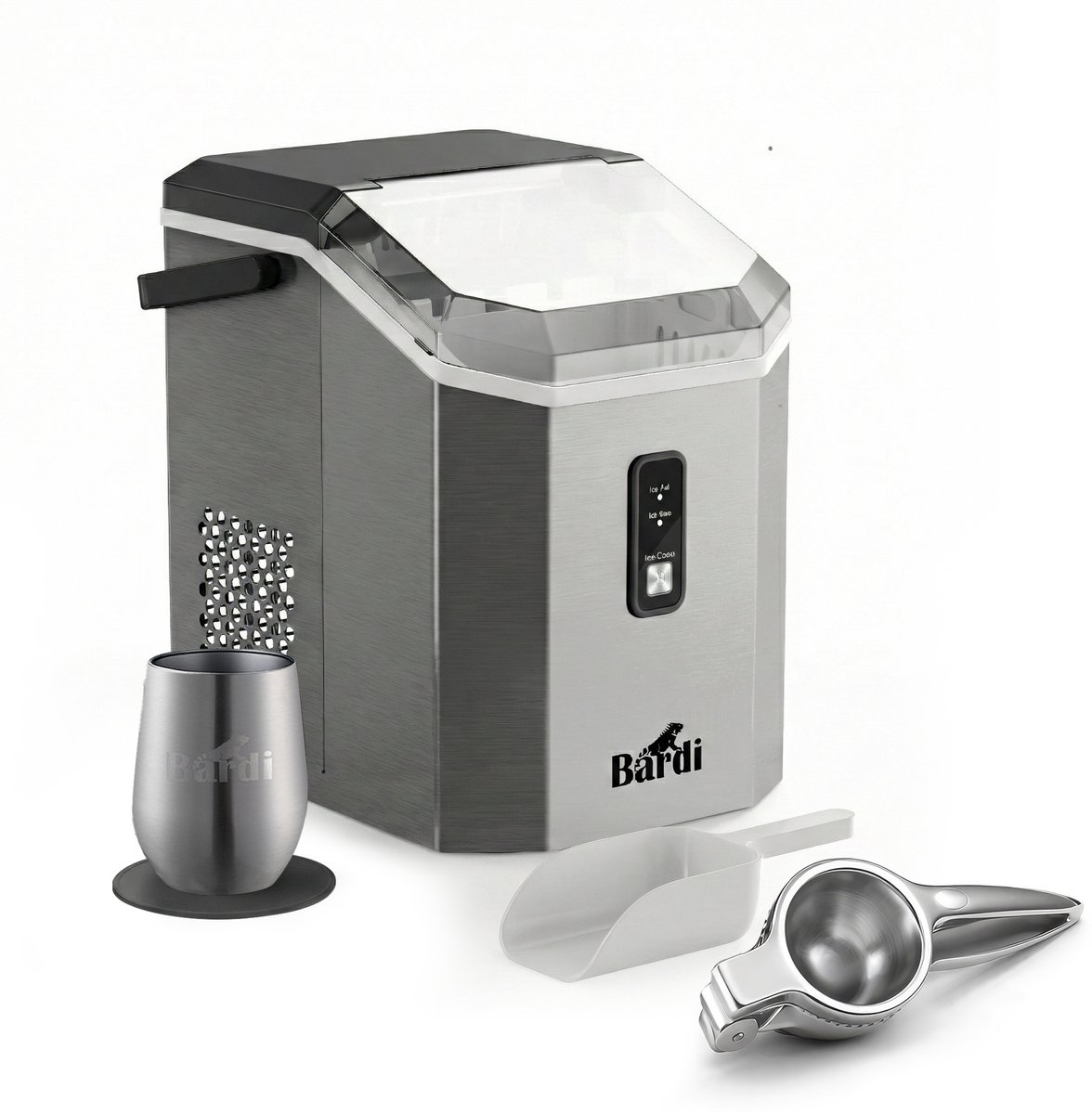 Bardi 1.1L - Nugget IJsblokjesmachine Square - Crushed Ice Maker met IJsschep - 15kg/24 uur - Ijsblokjesmaker - Met Luxe Thermosbeker - RVS met citruspers RVS
