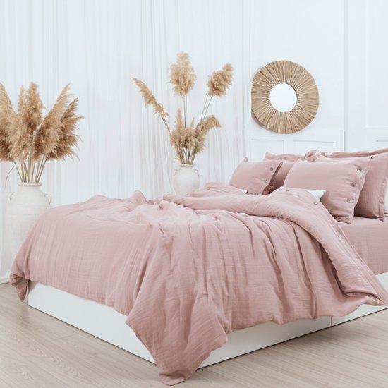 Dekbedovertrek, 4-laags Mousseline, 100% Katoen, Tweepersoons, 200x220 cm, Inclusief Hoeslaken & 2 stuks Kussenslopen 60x70 cm, Roze, Knoppen van Kokosnoot, Ademend & Comfortabel, Dekbedovertrekset, Hoge Kwaliteit, Dekbedovertrekken, De Linde Home van Merkloos — afbeelding 4