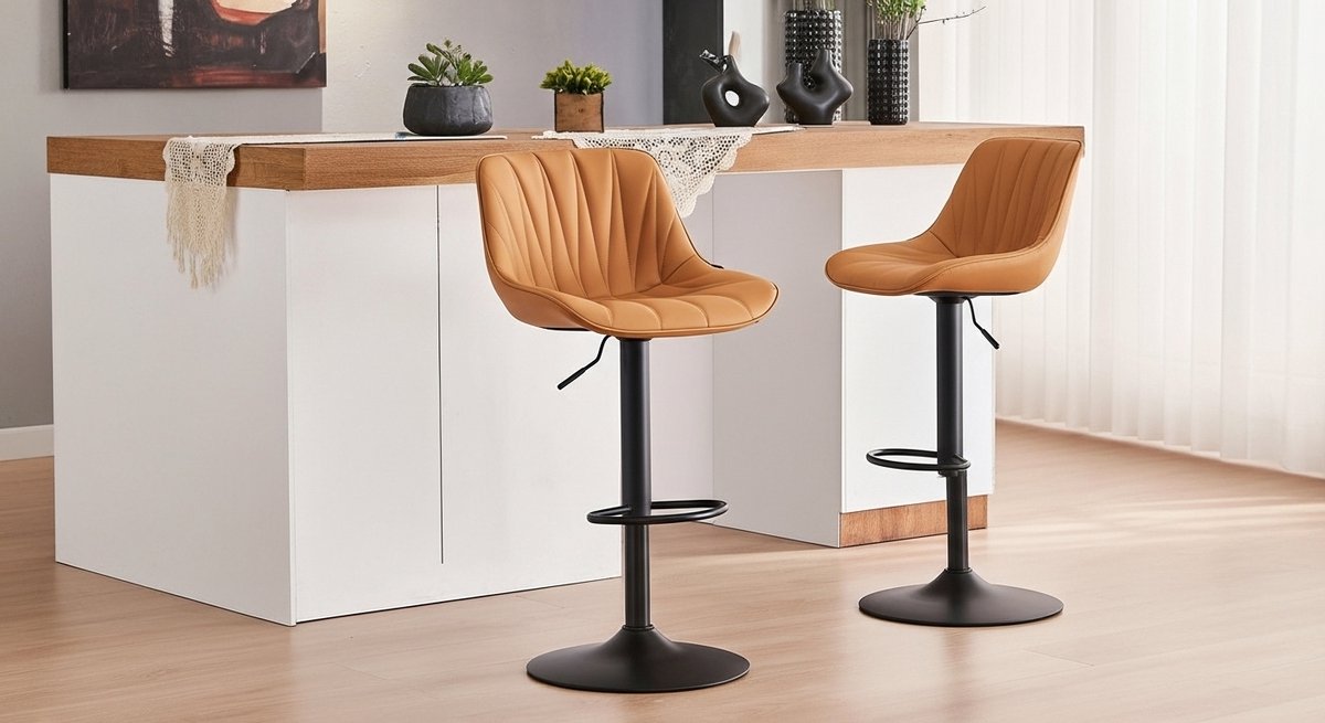 Barkruk Set van 2 – House&Garden Luxe Verstelbare Draaibare Barkrukken met Rugleuning & Voetensteun – PU Leer – Zithoogte 57-82 cm – Keuken, Bar, Eiland & Toonbank