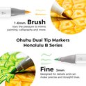 Close-up van een Ohuhu marker die op een ananas tekent, met de tekst '1-6mm Brush' en 'Fine 3mm'.