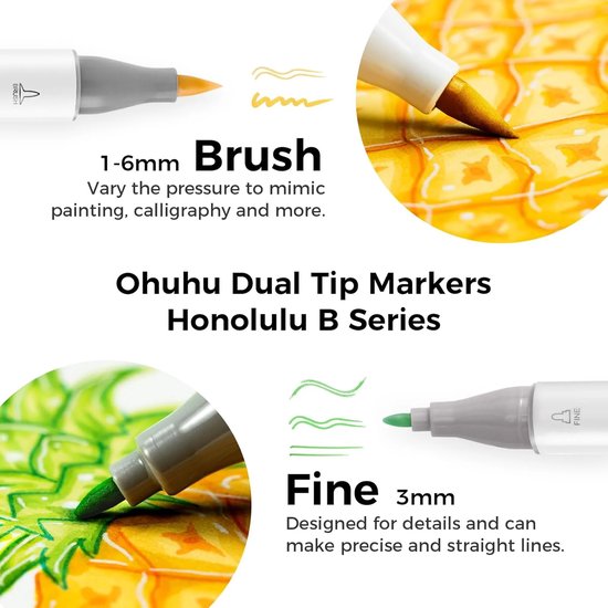 Close-up van een Ohuhu marker die op een ananas tekent, met de tekst '1-6mm Brush' en 'Fine 3mm'.