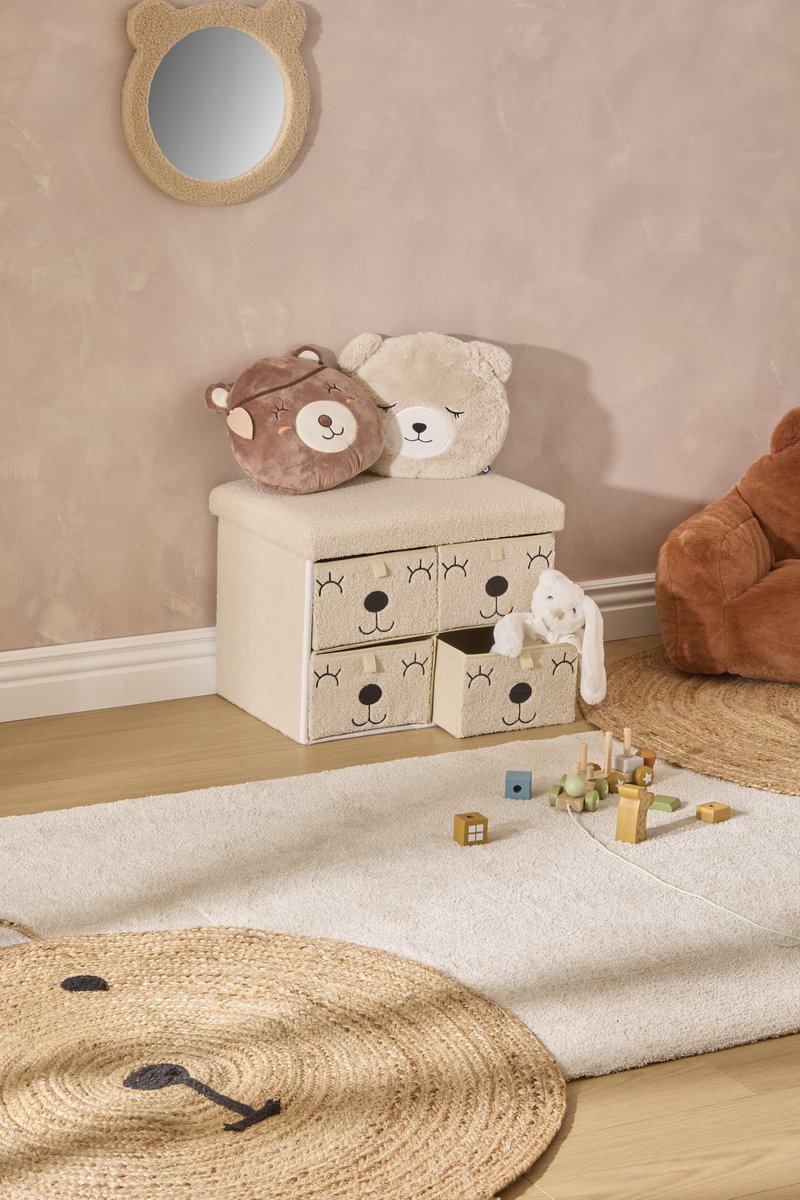 Atmosphera Kids Ezzio Opbergpoef met 4 lades - 39x38x50cm - Opvouwbaar - Beige