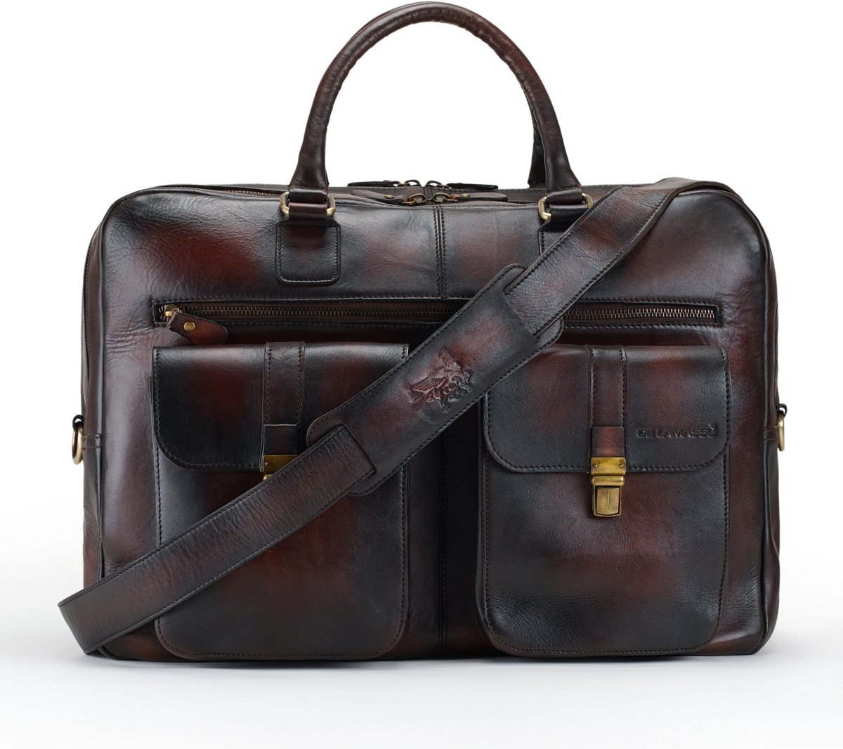 DE LAMASSU® ( Kian ) leren laptoptas 17 inch – unisex XL business tas met trolleyband, 2 voorvakken & schouderriem – grote leren aktetas voor kantoor, werk en reizen