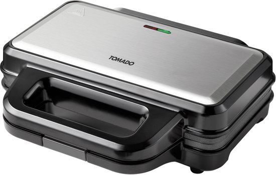 Gesloten zwarte grill met zilverkleurig deksel, met het merk Tomado.