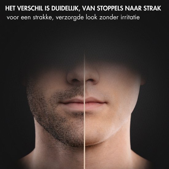 Gedeelde close-up van een gezicht. Links sikkelbaard, rechts glad geschoren.