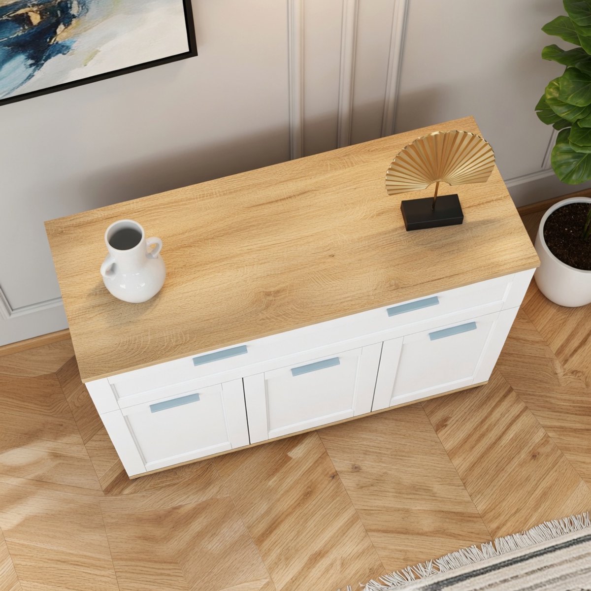 Dressoir Vito XL – 100 cm breed – 3 deuren & 1 lade – Landelijk Wit met Houten Paneel – Moderne Opbergkast voor Woonkamer, Hal of Slaapkamer – Novihome