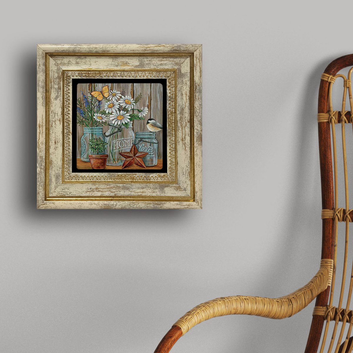 Artlijn Margriet Bloemen in Vaas – Natuursteen Wanddecoratie – Travertin Steen Art Print – Landelijke Stilleven