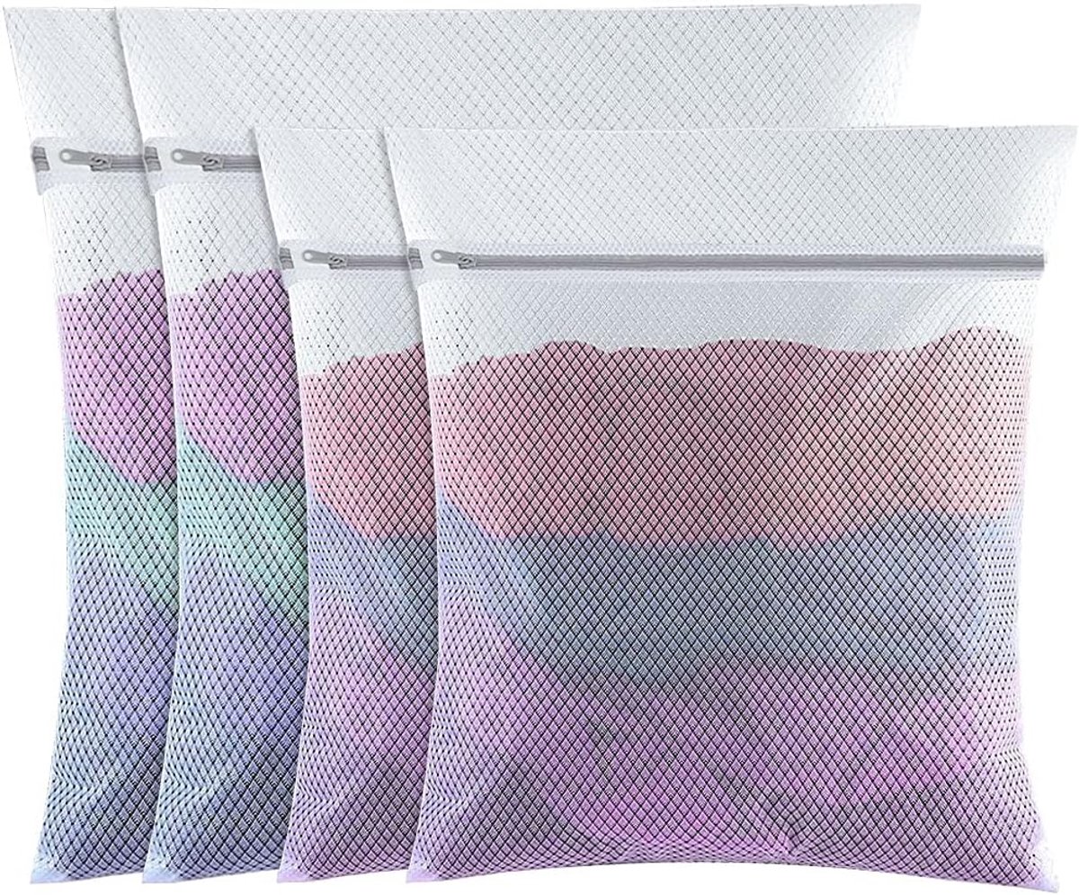 4-delige set - Waszakken van mesh - 60x50cm/50x40cm - Grote, fijne waszakken - Met ritssluiting - Herbruikbaar - Geschikt voor de wasmachine - Voor kleding, sokken, ondergoed - Maat L+M - Wit