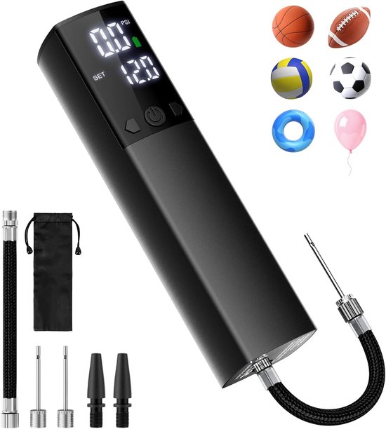 Zwarte draagbare elektrische fietspomp met diverse accessoires en een mini-opbergtasje. Naast de pomp: basketbal, rugbybal, volleybal, voetbal, zwemband, ballon.