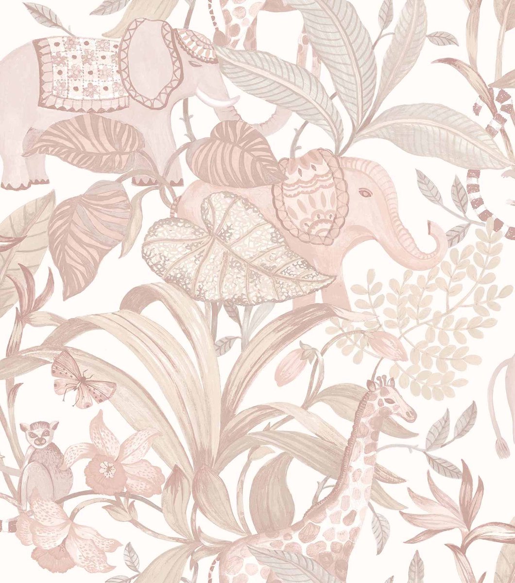 Behang - Kinderkamer – Jungle - Dieren- Beige- Wit- Lichtroze - Babykamer - Kinderbehang – Meisjesslaapkamer - 0,53 x 10,05 M