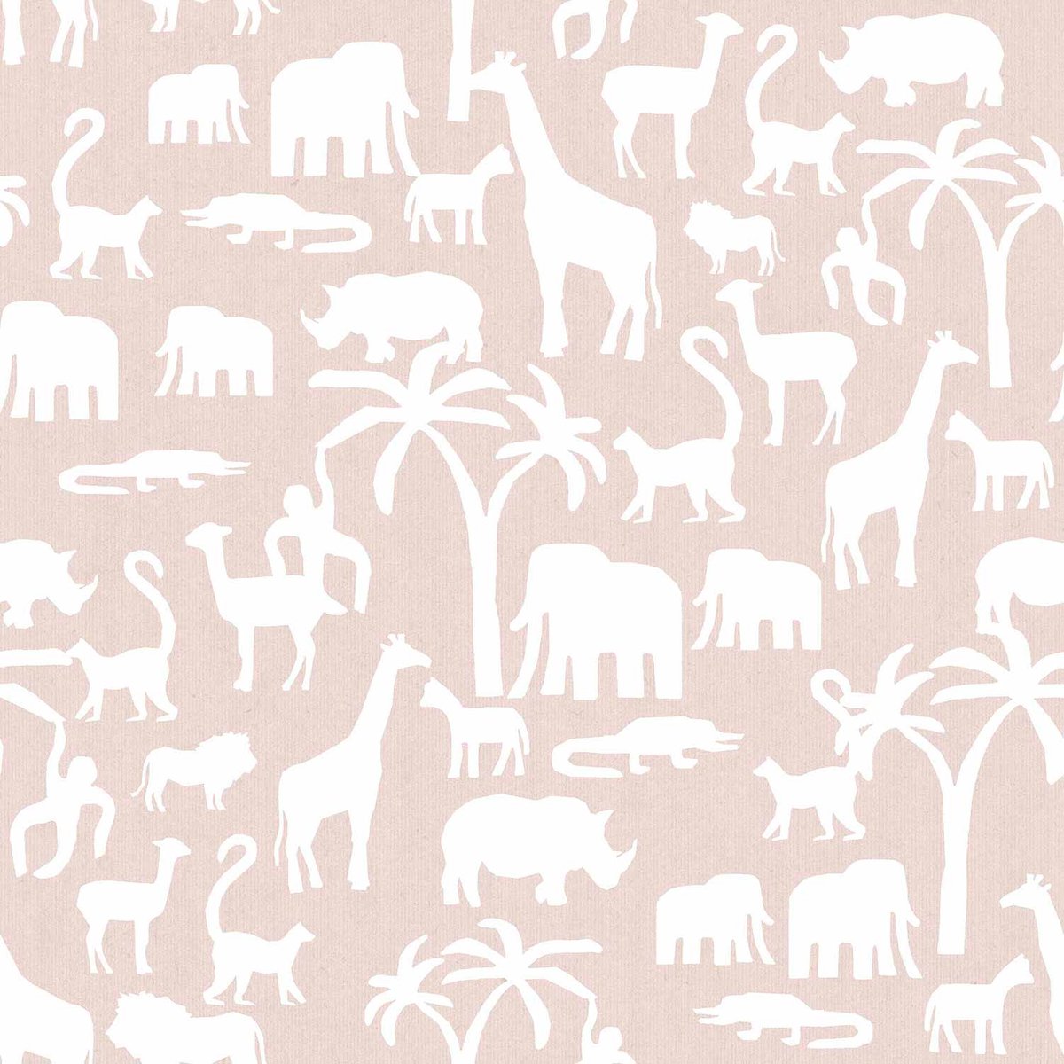 Behang - Kinderkamer – Dieren – Silhouetten – Wit – Beige - Safari Dieren- Babykamer - Kinderbehang - 0,53 x 10,05 M