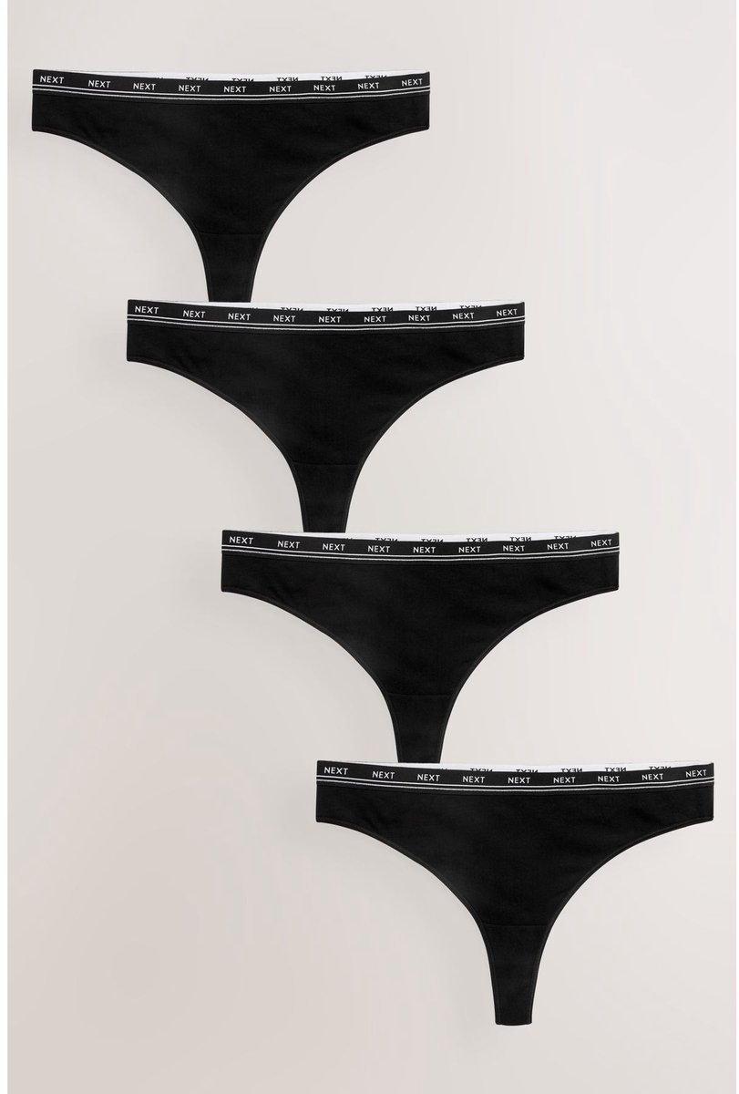 Next - Dames - Set van 4 katoenen strings met logo - Zwart