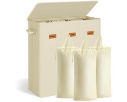 Wasmand met 3 Vakken - 160L - Wassorteerder met Deksel - Uitneembare & Wasbare Binnenzak - Met Labels voor Gemakkelijk Sorteren - Wit