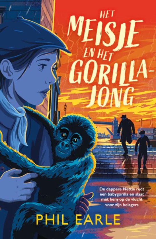 Boekcover: Een jongen met pet en sjaal omarmt een babygorilla. De titel "Het meisje en het gorillajong" staat groot op de cover.