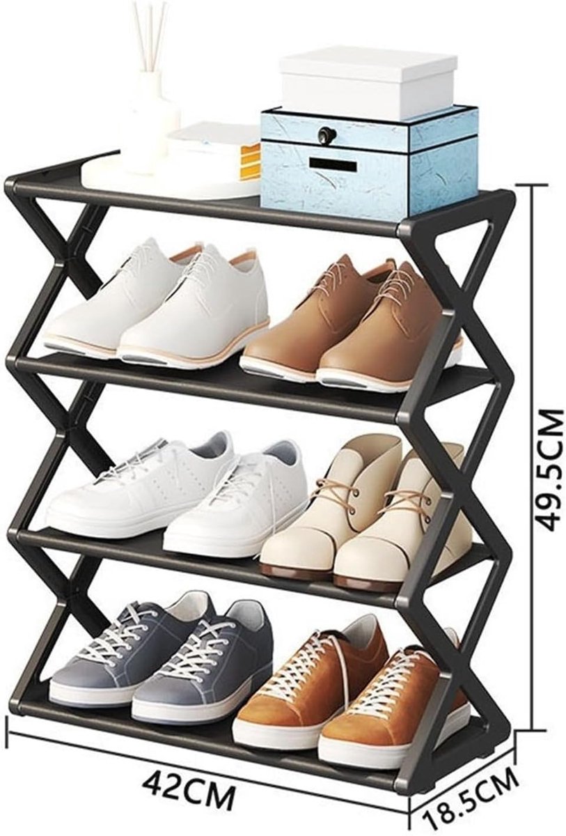 42*18,5*49,5 cm Schoenorganizer met 4 lagen, vrijstaand schoenrek, schoenopbergrek voor de hal met stalen buizen en vast X-vormig frame, schoenrek voor thuis, woonkamer.