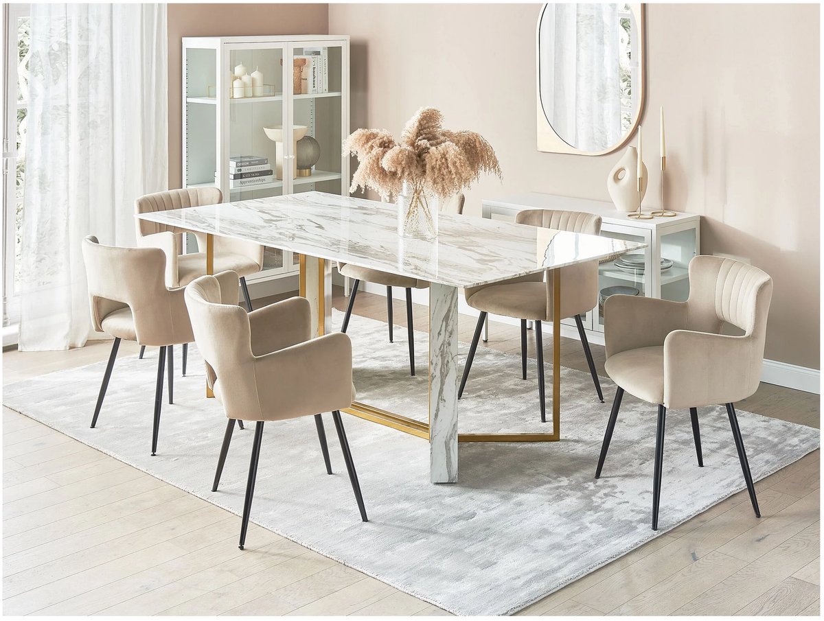 Eettafel 200x100x77 cm Marmerlook – Luxe Rechthoekige Eettafel met Gehard Glas Tafelblad en Gouden Metalen Poten – Moderne Glamour Design Eettafel voor 8 Personen – Wit – Abkantoor