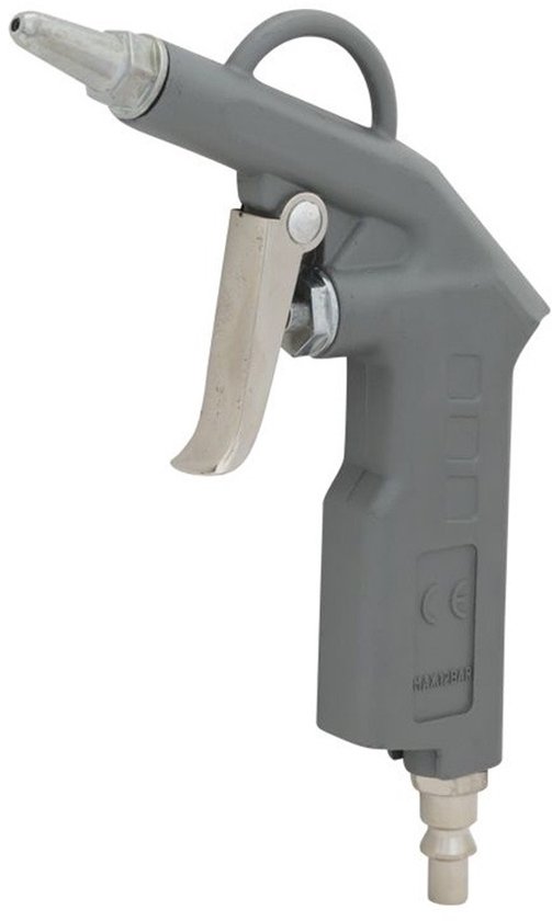 Grijs blaasmondstuk met metalen trekker en aansluiting.