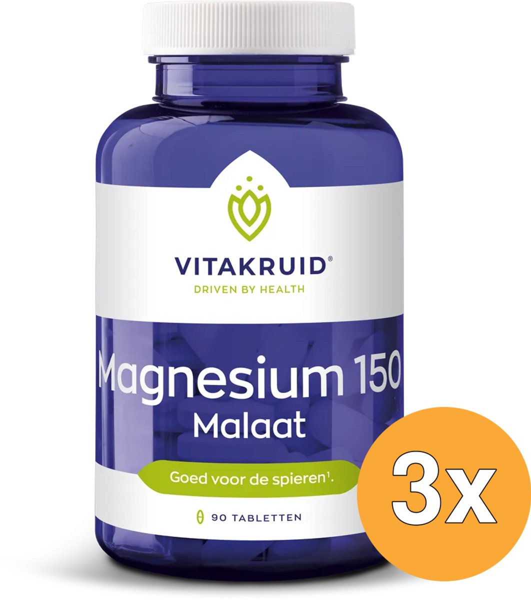 3x Vitakruid Magnesium 150 Malaat met Vitamine B6 (P-5-P) (90 tabletten)