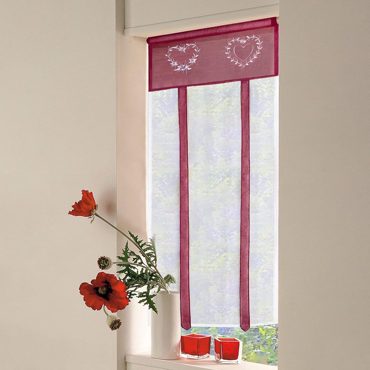 Borduurwerk Vouwgordijn - Paneel Gordijn - Raam Decoratie - Liefde Borduurpatroon - 45x90 cm - Bordeaux
