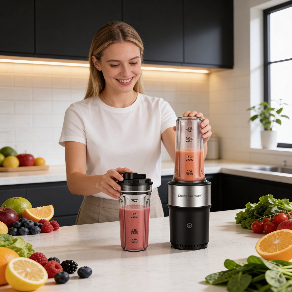 KitchenMonster Blender 900W - Smoothie Maker met 2 Draagbare Bekers To Go – foto 7