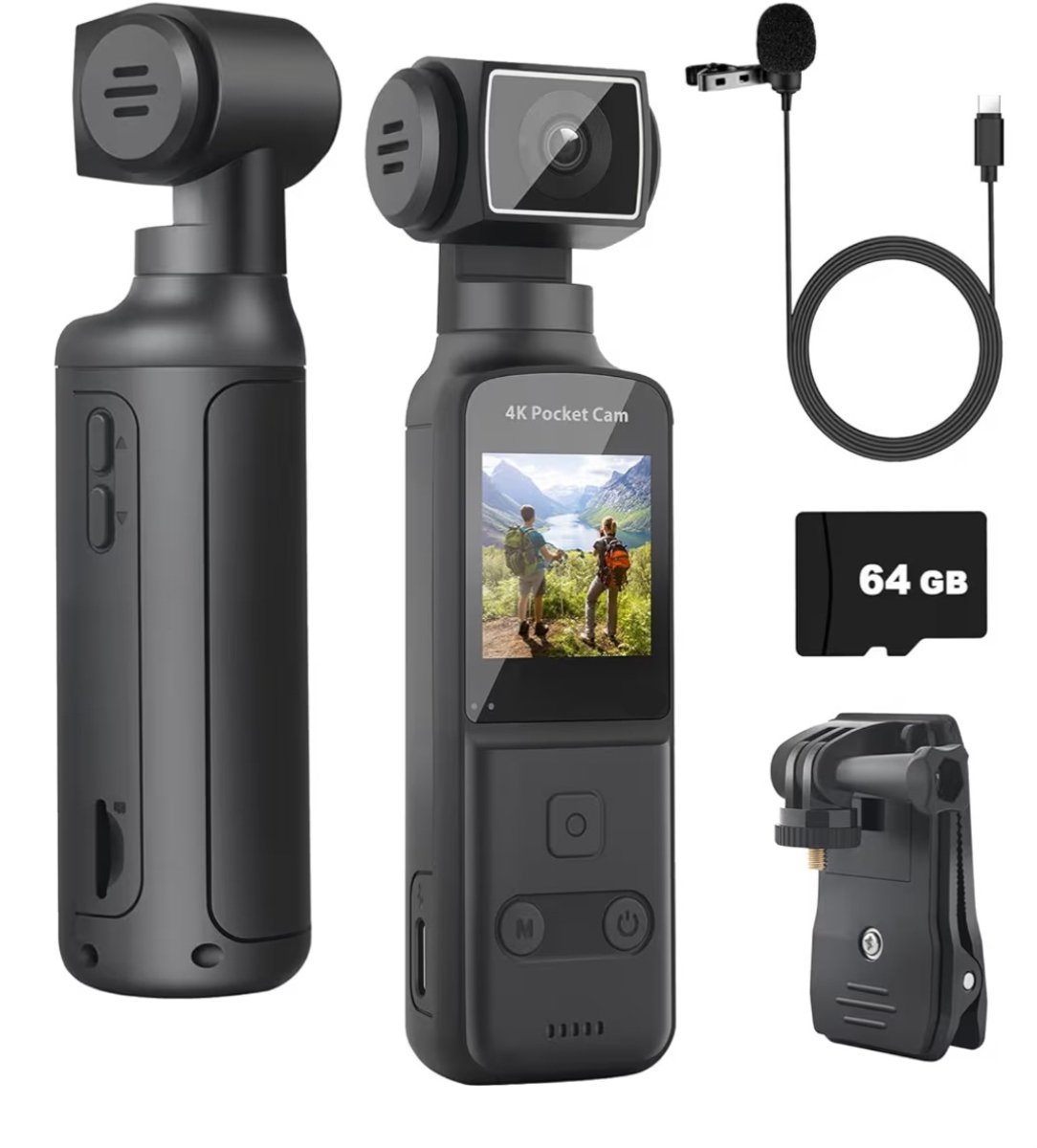 4K body - vlog camera met externe microfoon, video & audio mini vlog camcorder zakformaat 270° rotatie camera voor sport, fietsen, reizen, 64 GB inbegrepen