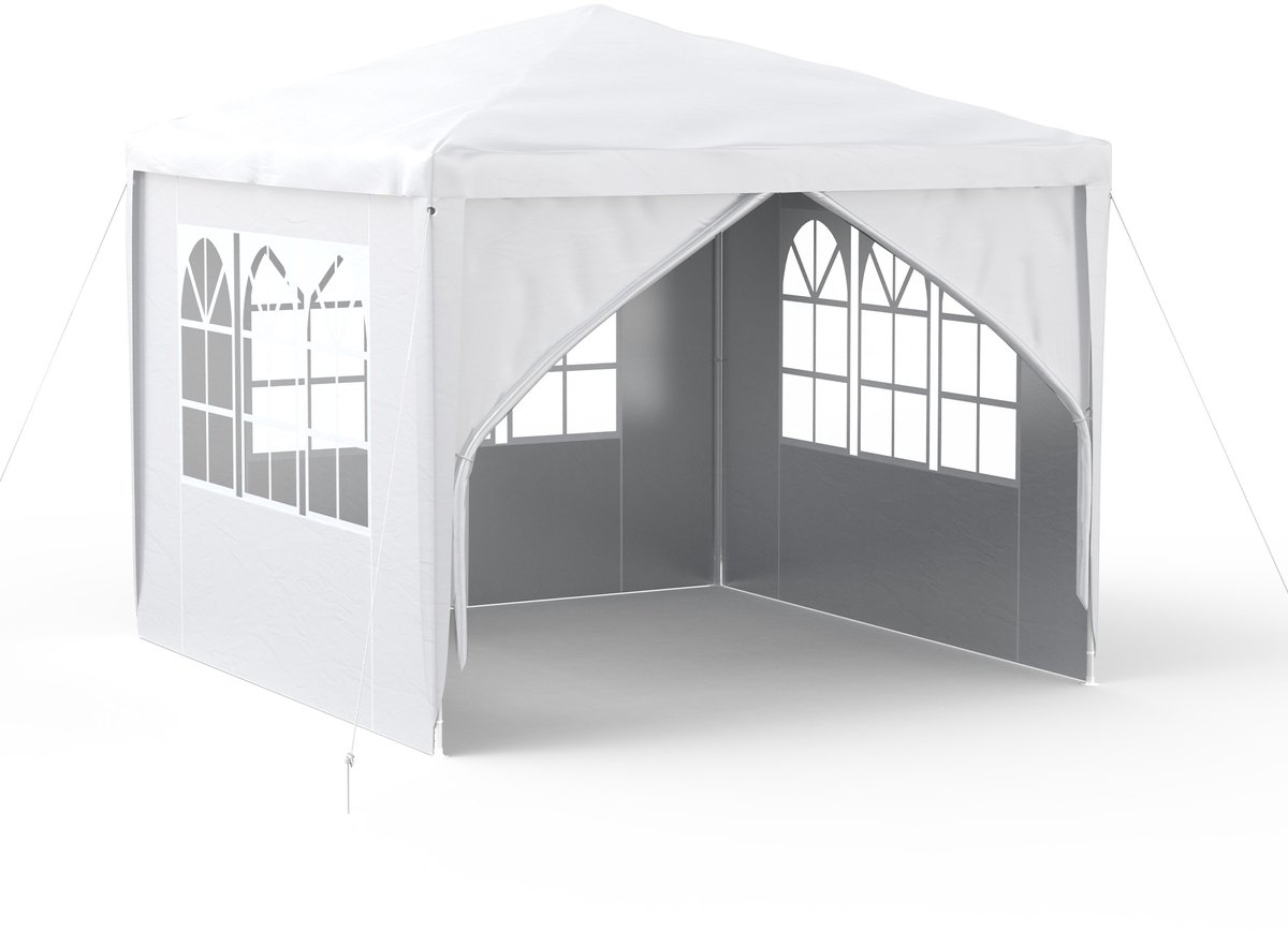 Paviljoen 3x3m - Partytent - Met Zijwanden En Vensters - Tuinpaviljoen - Polyester - UV-bescherming - Waterdicht - Windbestendig - Buitentent - Wit - NAIZY