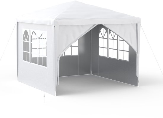 Paviljoen 3x3m - Partytent - Met Zijwanden En Vensters - Tuinpaviljoen - Polyester - UV-bescherming - Waterdicht - Windbestendig - Buitentent - Wit - NAIZY