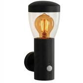 Zwarte wandlamp met heldere kap, zichtbare gloeilamp en bewegingssensor.
