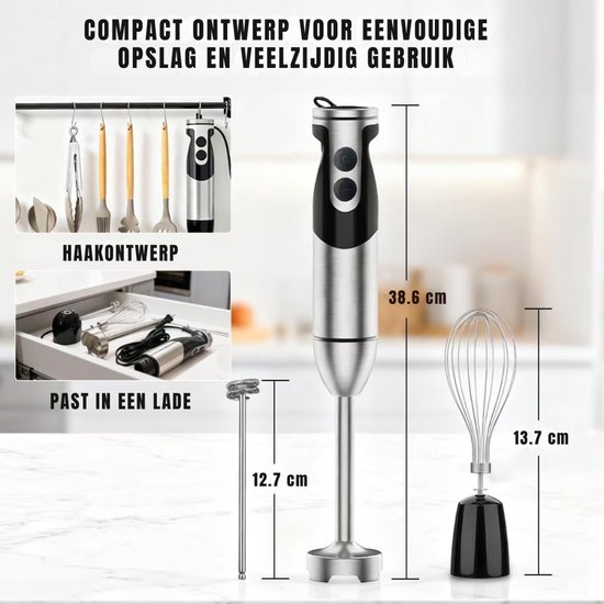 DnA® Staafmixer - Staafmixer Set - Staafmixers - Staafmixer Met Hakmolen - Staafmixer Draadloos - Zwart - ‎7cm x 7cm x 18cm van Merkloos — afbeelding 2