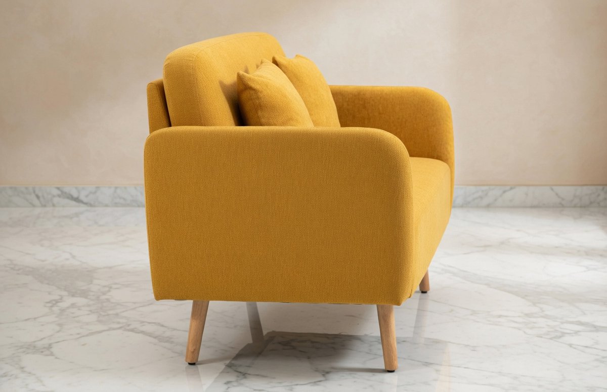Luna Velvet 2-Zits Bank Geel 130 cm met 2 Sierkussens – Moderne Fluwelen Loveseat voor Kleine Ruimte, Slaapkamer & Woonkamer – Casa Serena
