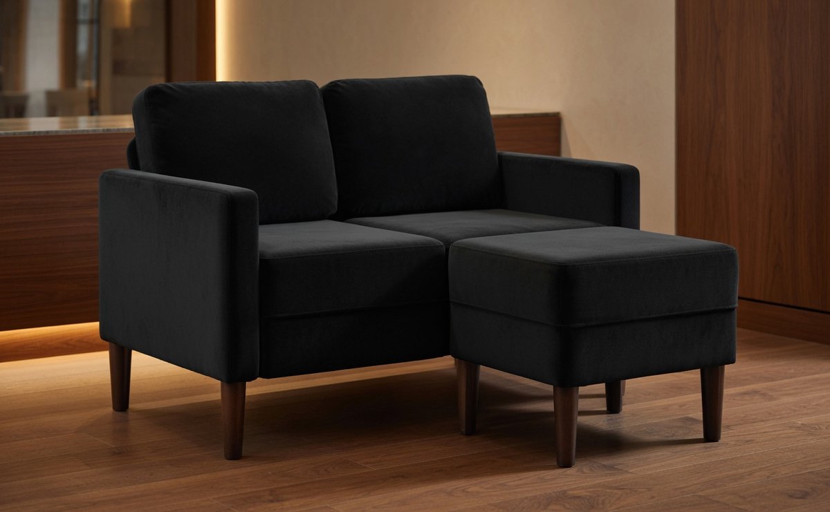 Luxurious Fluwelen L-vorm 2-Zits Hoekbank met Chaise Longue – Zwarte Designer Loungesofa m