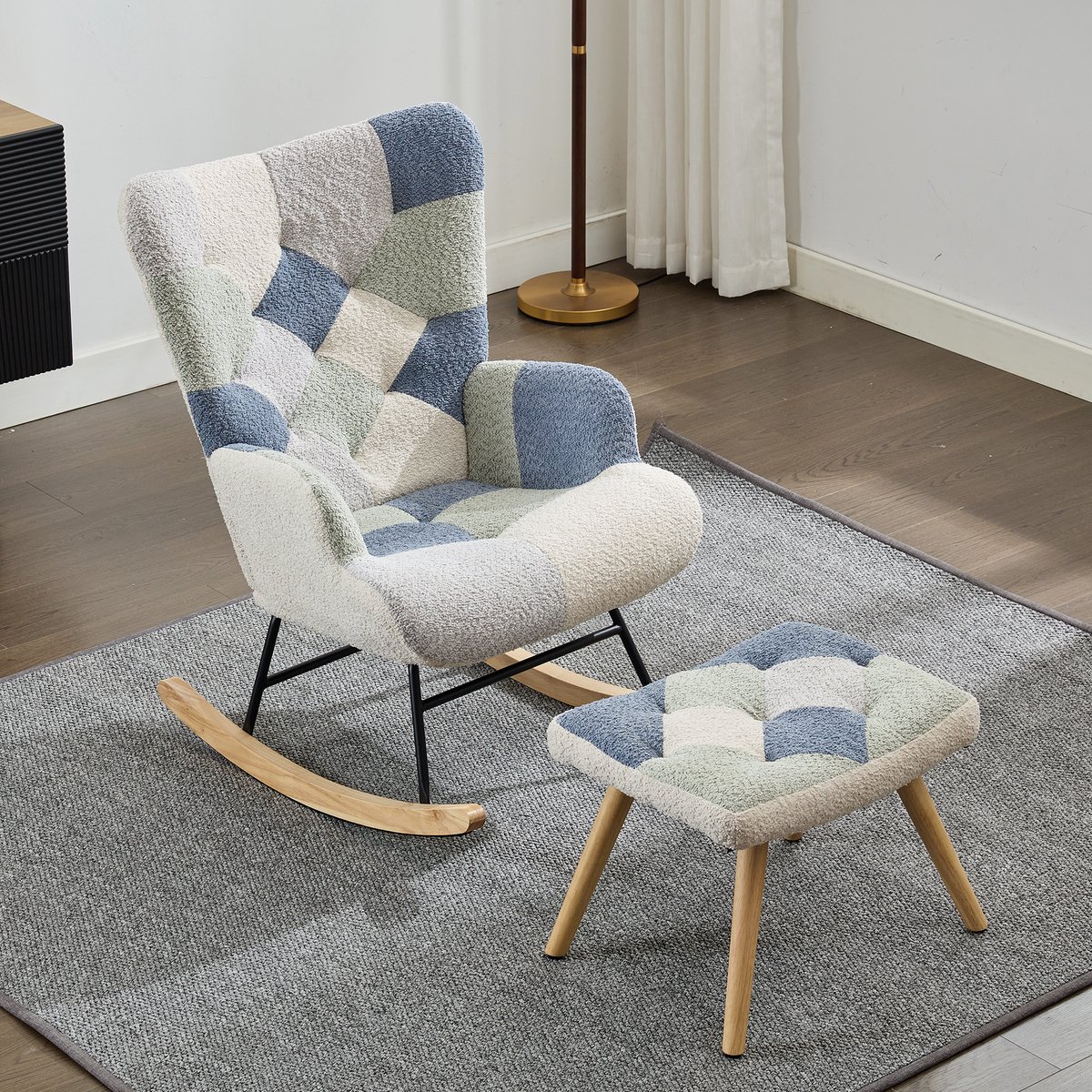 STILVORA Schommelstoel 122 x 68 x 91 cm - Met Voetenbank En Veilig Wipontwerp - Voor Woonkamer En Slaapkamer - Stof Beige Blauw