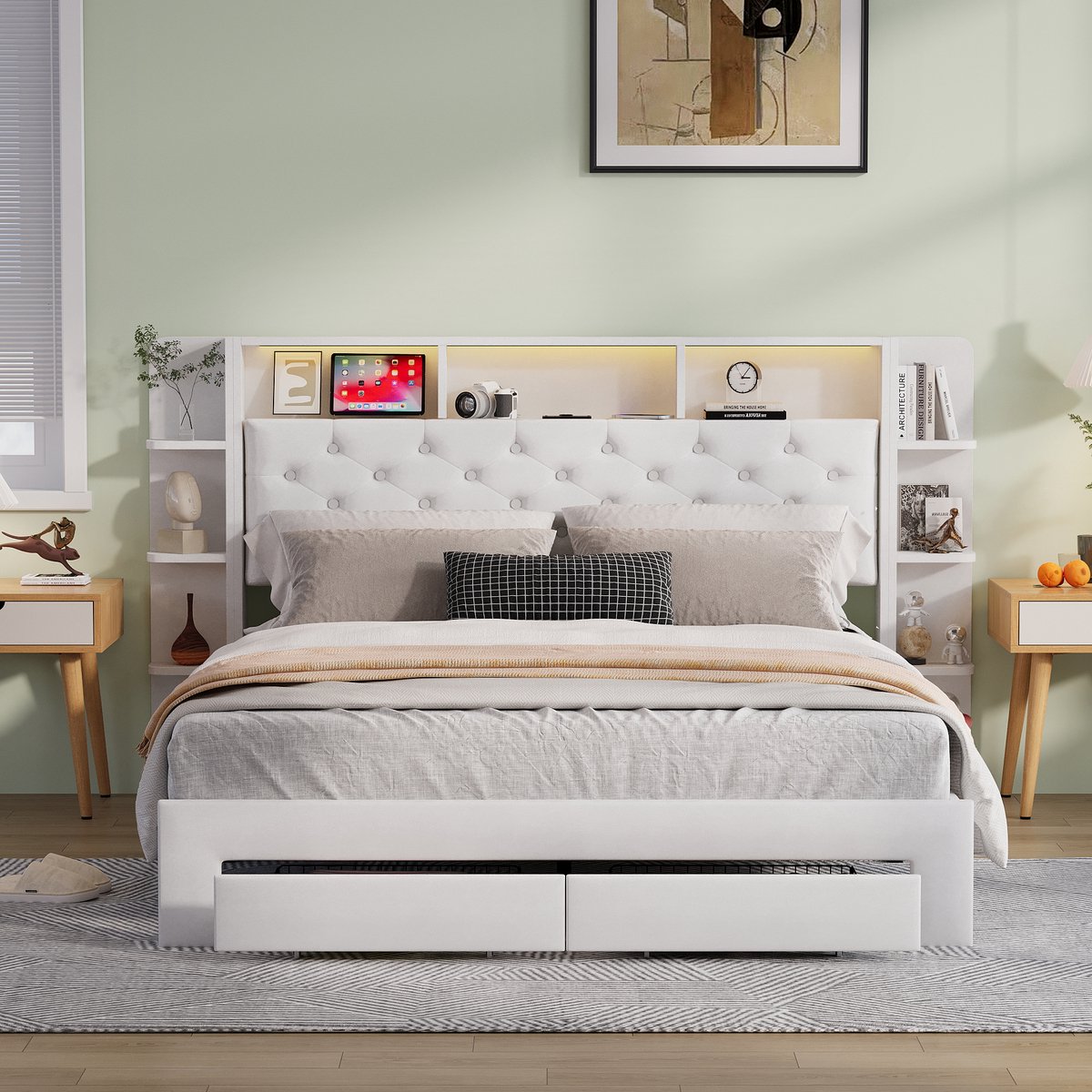 Solvenrik Bed 160x200 Wit Velvet – met LED, USB-C & Lades