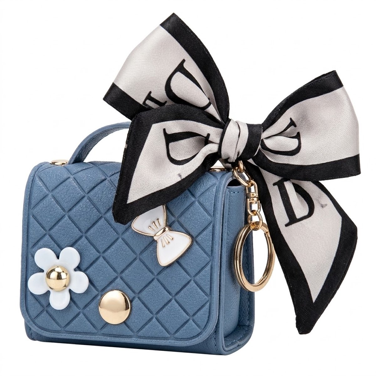 Blauw hoesje voor oordopjes dames met strik en decoratieve details geschikt voor AirPods Pro 3 kunstleer hardcase met ring en lint