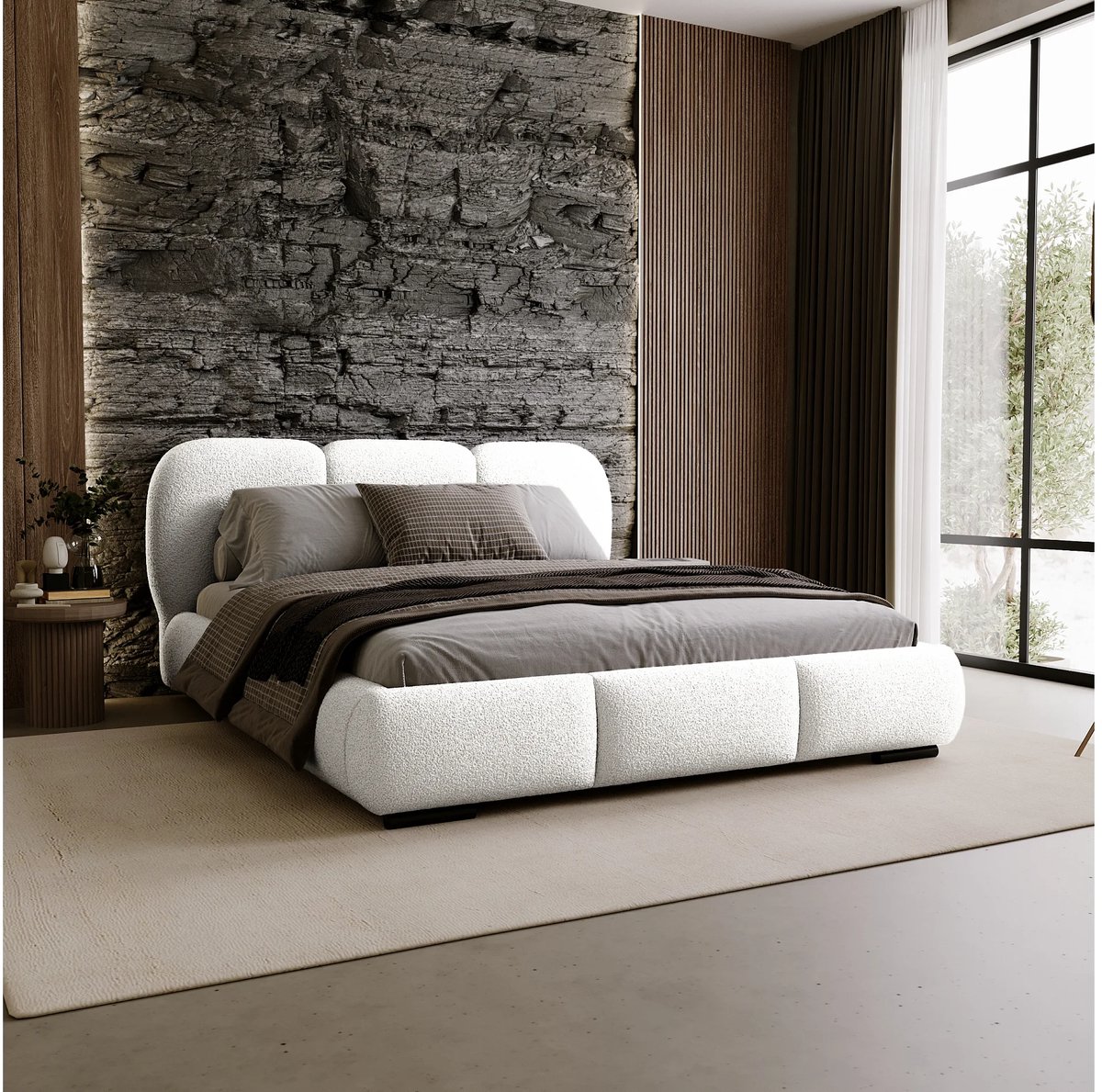 Gestoffeerd Tweepersoonsbed 200x200 cm – Modern Luxe Holi Bouclé Bed met Opbergruimte, Houten Lattenbodem en Slank Design – Wit – Laura
