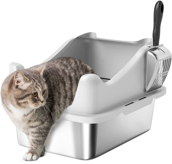PawHut Kattenbak - Roestvrij Staal - 43,1 x 33,2 x 25,4 cm - Grijs