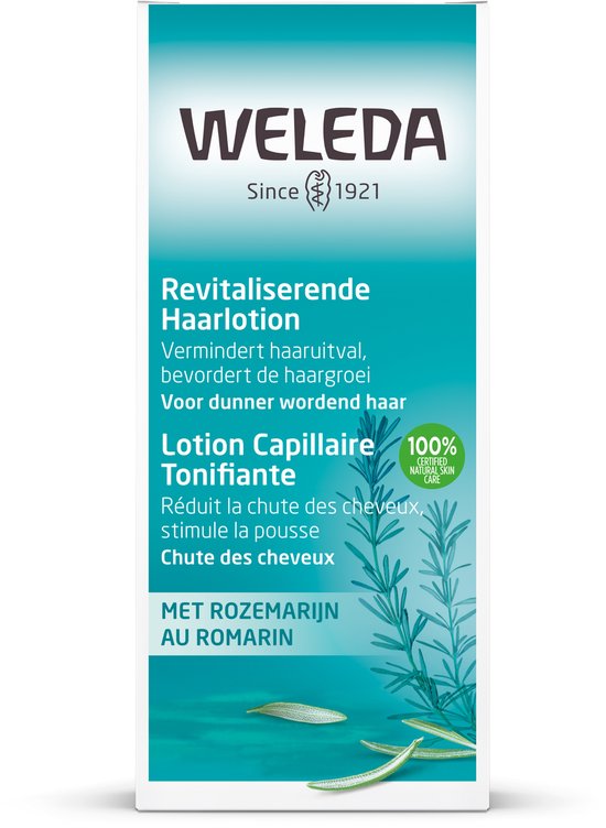Verpakking van Weleda Revitaliserende Haarlotion met rozemarijn, 100ml.
