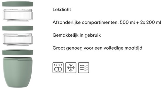 Exploded view van een groene Mepal lunchpot, met tekst en iconen die de kenmerken aangeven.