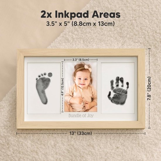 Set met hand- en voetafdrukken van de baby, Inktkussen voor baby's, Herdenkingsfotolijstje, Kan worden neergezet of aan de muur worden gehangen, zwart. — afbeelding 4