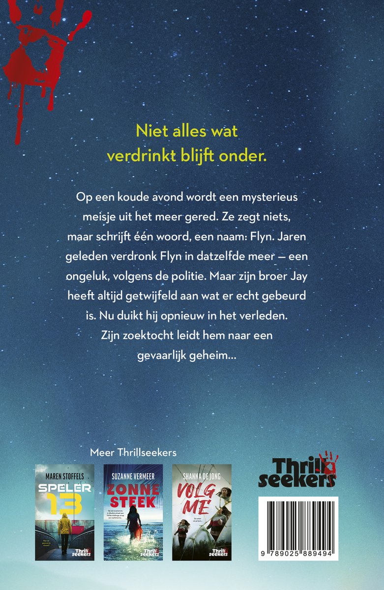 Achterkant boek Thrillseekers met tekst en afbeeldingen van andere boeken. Titel: Het Meisje in het Meer.