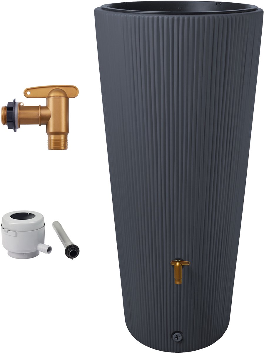 4rain VASO 2in1 DECOR regenton 220 L graphite grey incl. kunststof uitloopkraan en regenpijp aansluiting - strakke vormgeving - unieke oppervlaktestructuur - moderne blikvanger voor buiten met klasse