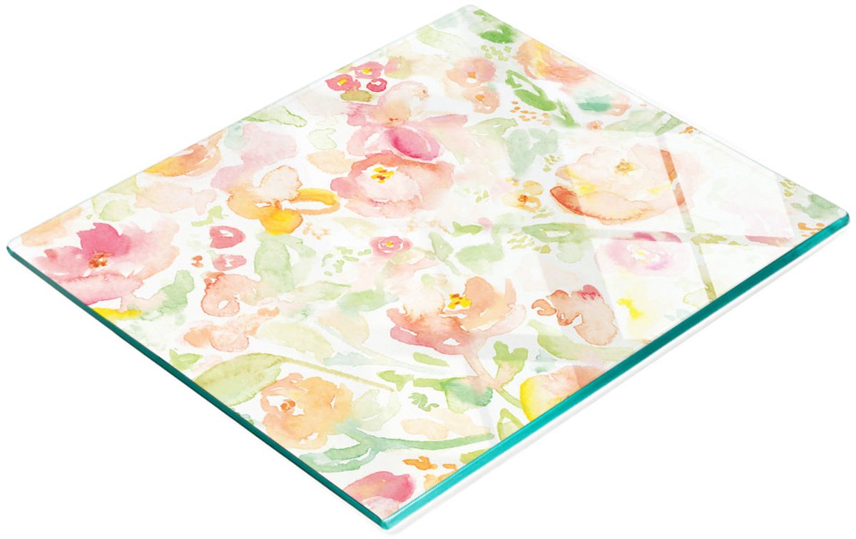 Decoratieve glazen snij- en serveerplank met aquarelbloemen, 60x52 cm