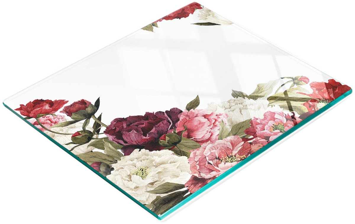 Multifunctioneel decoratief glazen keukenbord met pioenboeketmotief, 60x52 cm