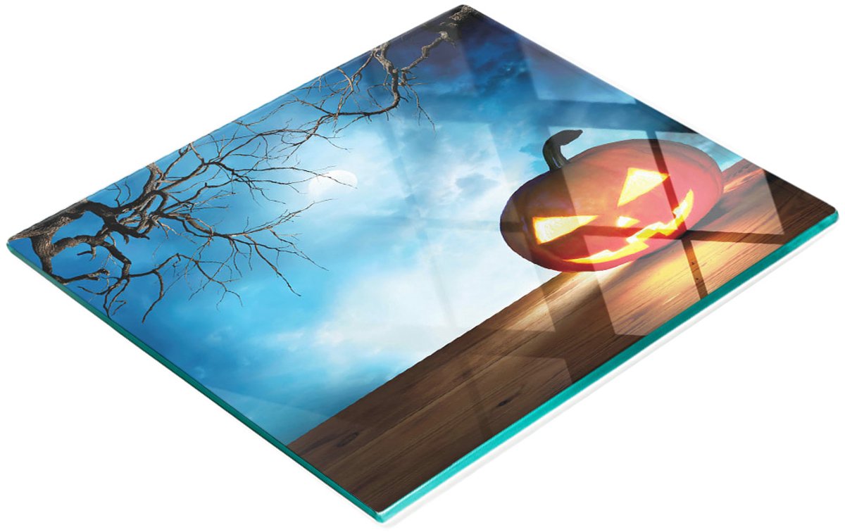 Decoratieve glazen keukensnijplank met Halloweenpompoenmotief, 60x52 cm