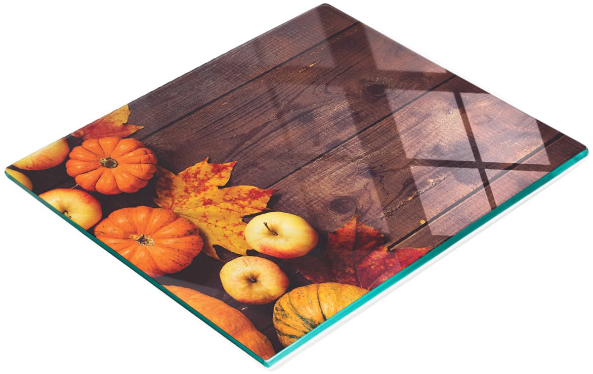 Duurzame en stijlvolle glazen snijplank met pompoen-appelpatroon 60x52 cm