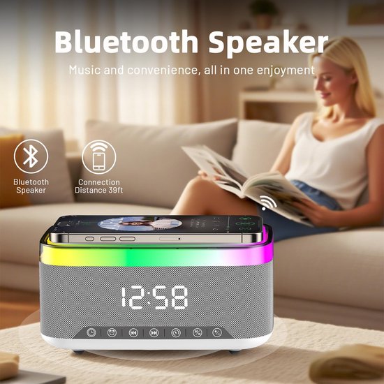 Namajunas - 5-in-1 Wireless LED Speaker - Draadloos - Bluetooth Speaker - 6 Ambient-lampen - Digitale klok, LED-display - Draadloze Muziek Box - Draadloze Oplader - Wireless charger - GSM Lader - voor iPhone/Android/iPad/Samsung - Cadeau van Merkloos — afbeelding 5