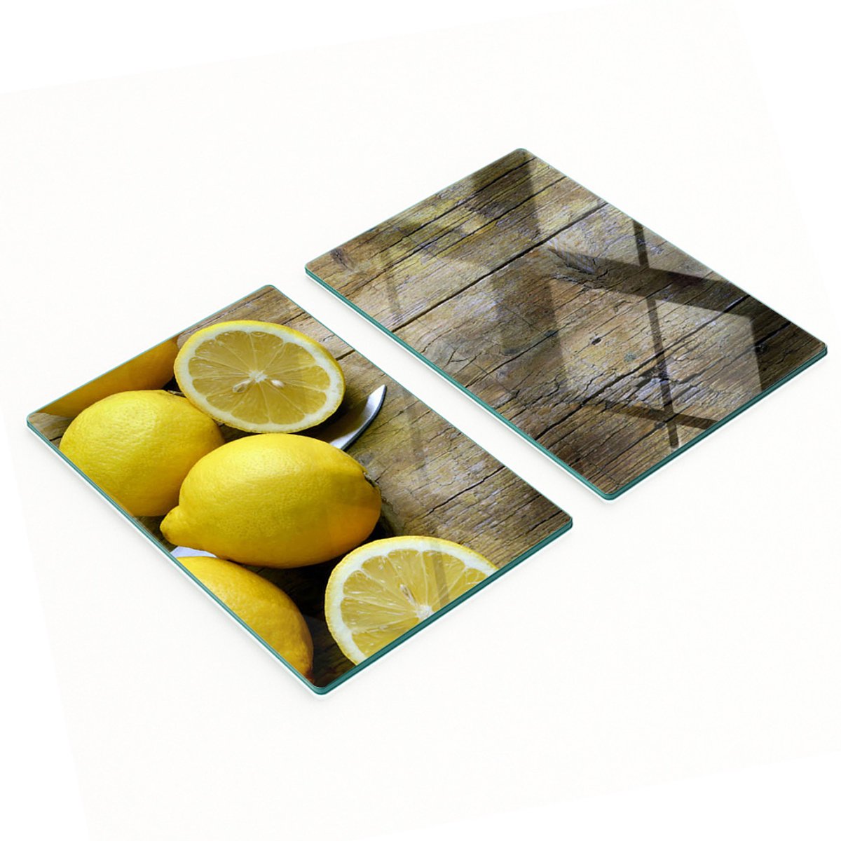 Set van twee glazen snijplanken met citroenmotief op hout, 2x40x52 cm