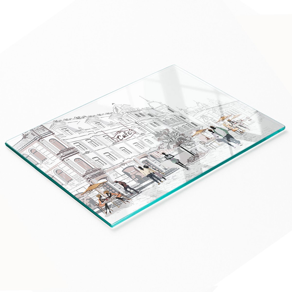 Glazen snijplank met decoratieve afbeeldingen van een oude stad, 80x52 cm