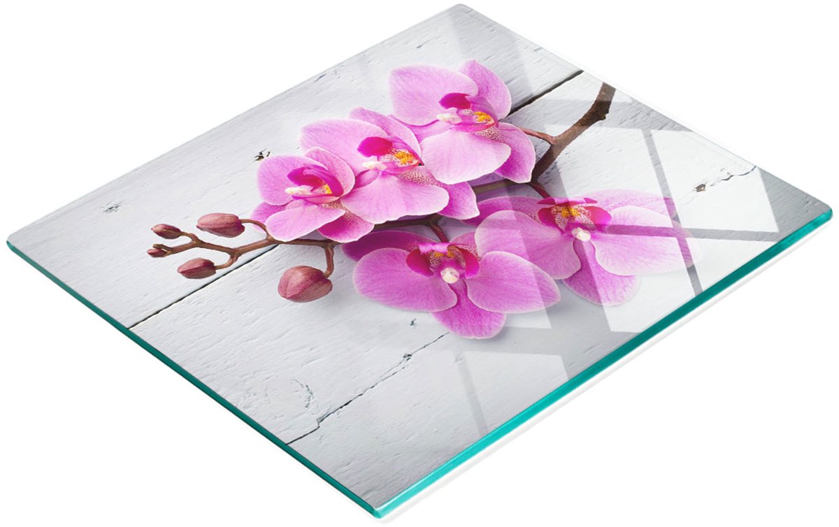 Decoratieve snijplank van gehard glas met orchideemotief op hout, 60x52 cm