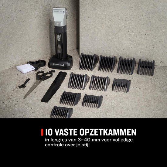 Remington tondeuse met 10 opzetkammen, schaar, kam en borsteltje.